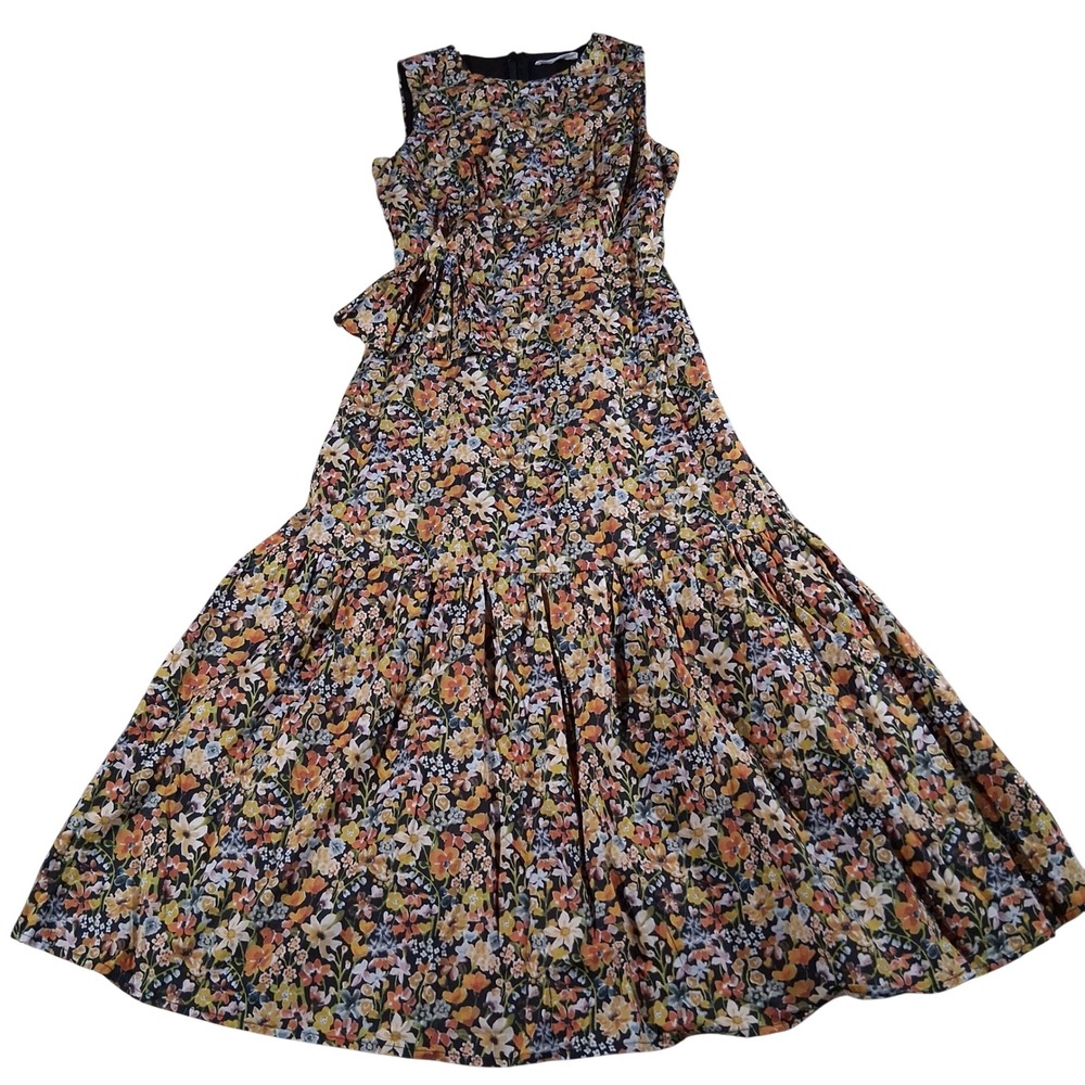 Avara Floral Sleeveless Cotton Midi Dress XS Multi Color Tiered Ruffle Cottage